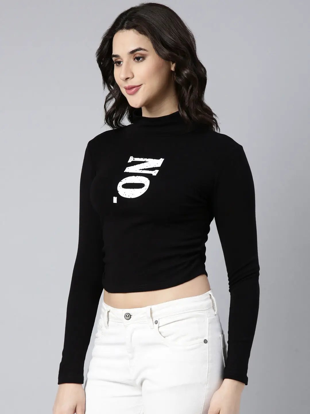 Women's Typography Black Crop Ruched Top