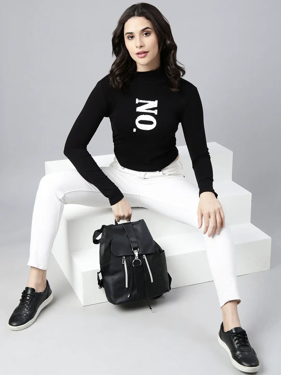 Women's Typography Black Crop Ruched Top