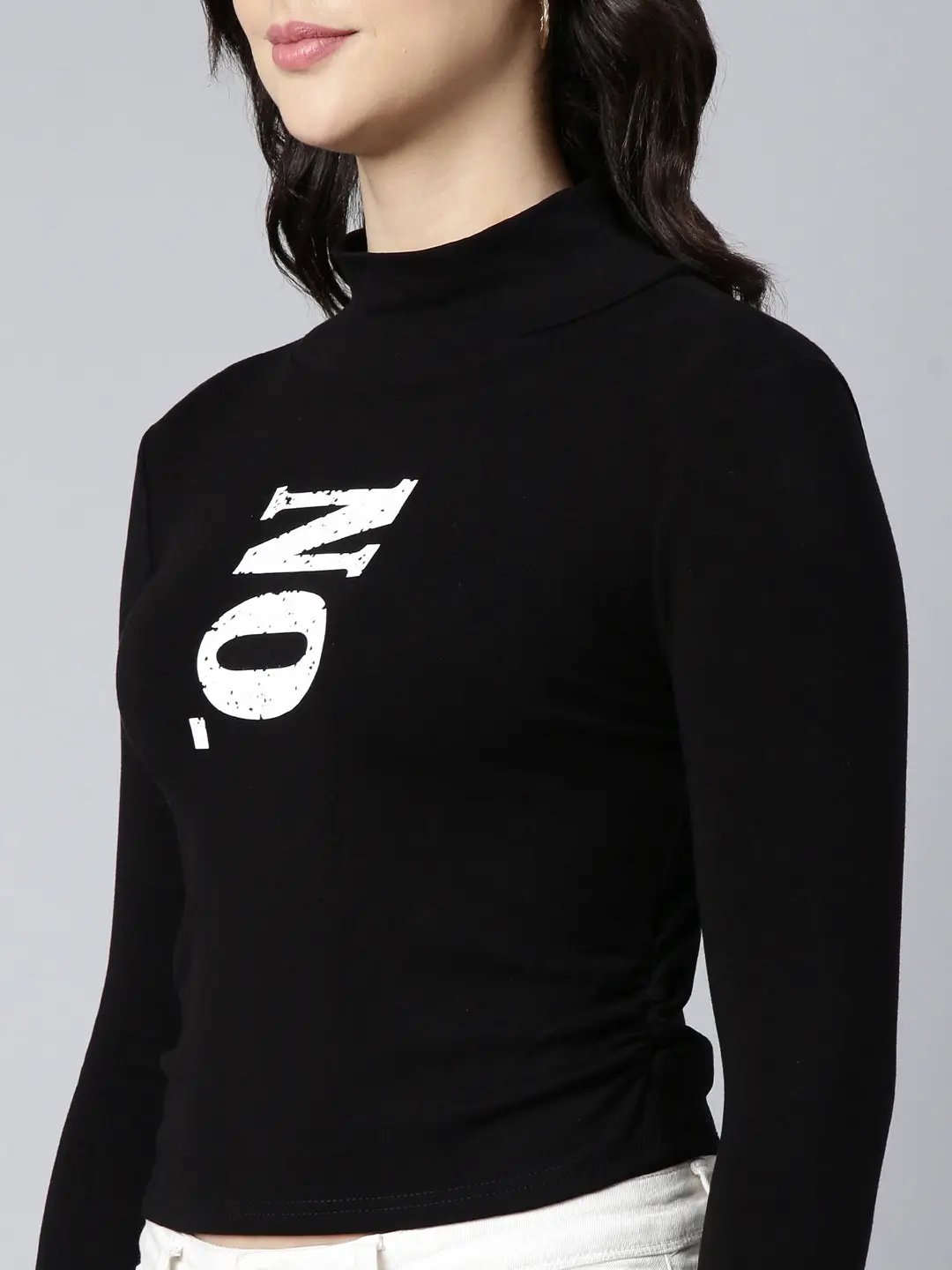 Women's Typography Black Crop Ruched Top