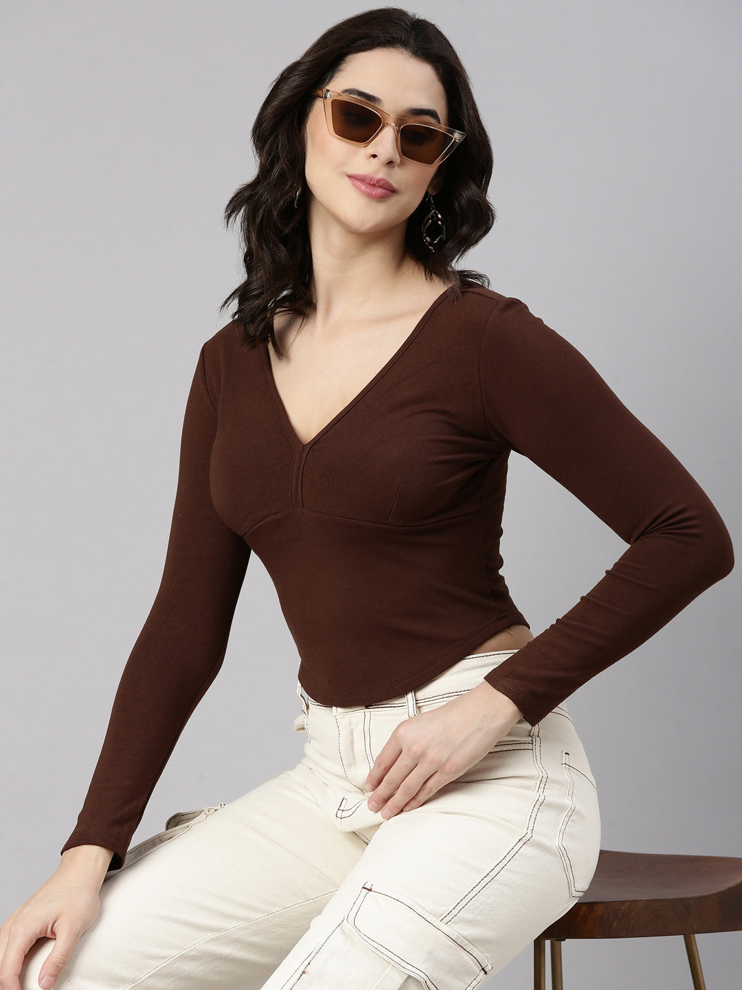 Women Solid Brown Crop Top