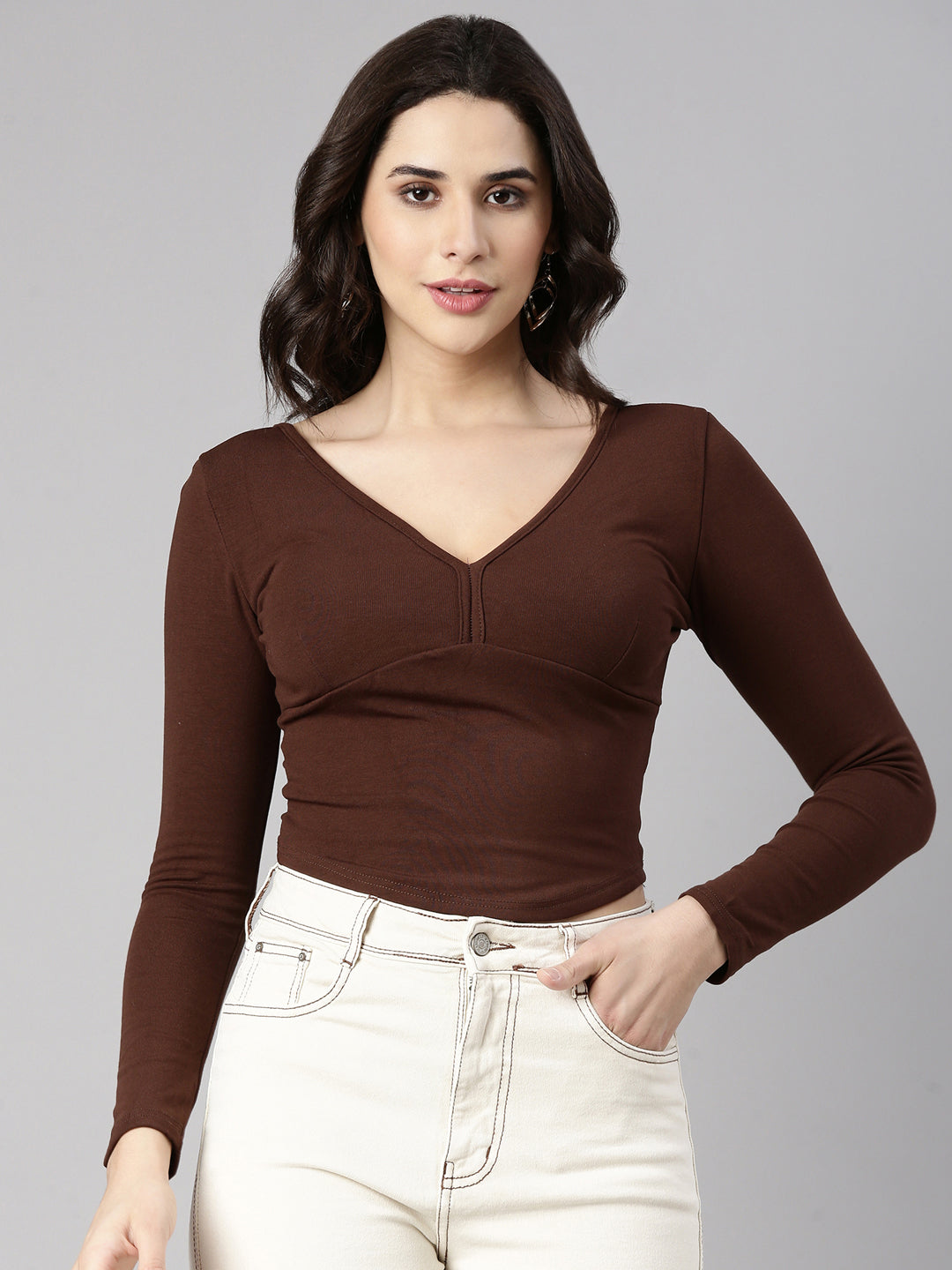 Women Solid Brown Crop Top