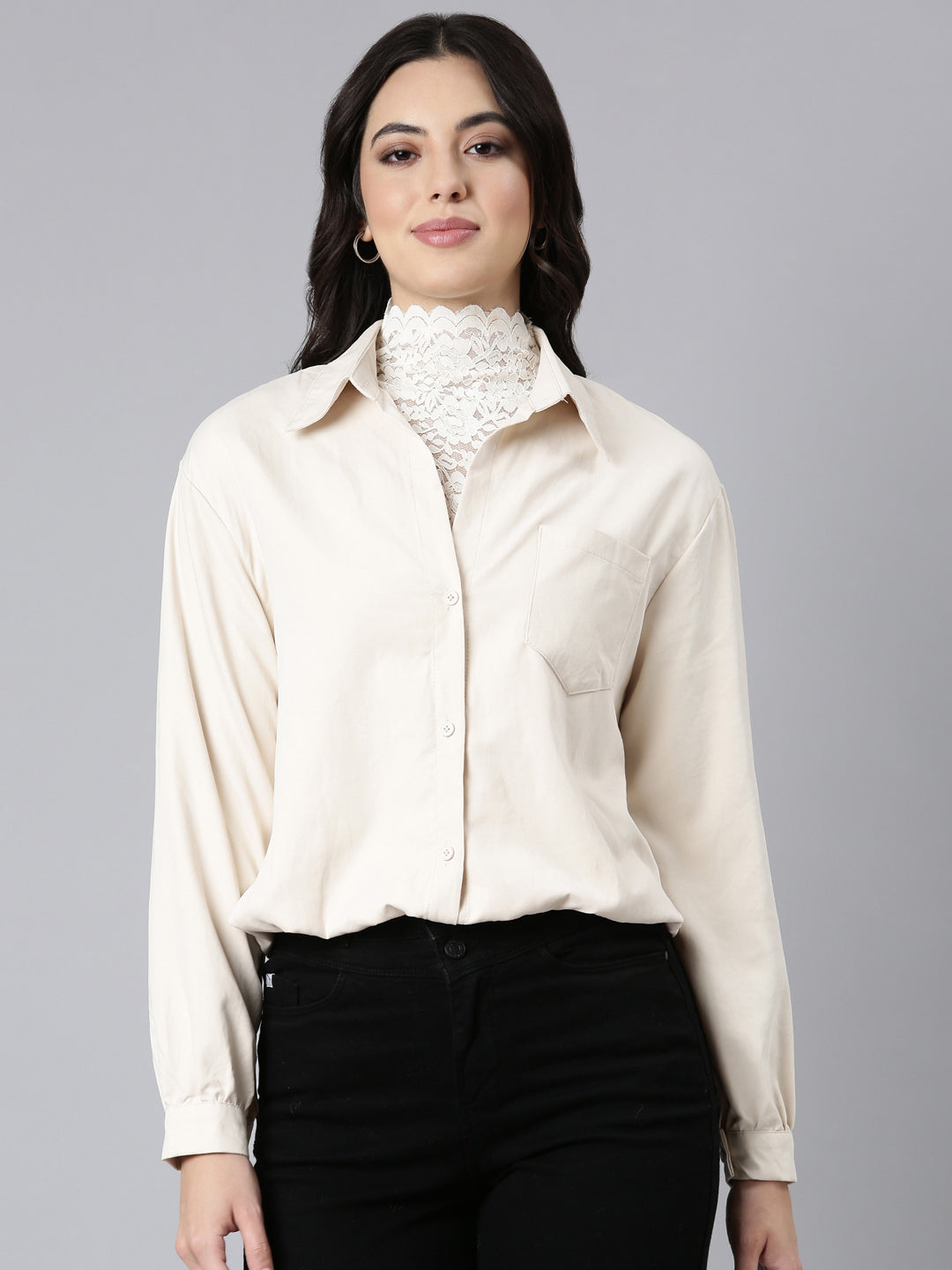 Women Solid Shirt Style Cream Top Comes with Attached Inner Top