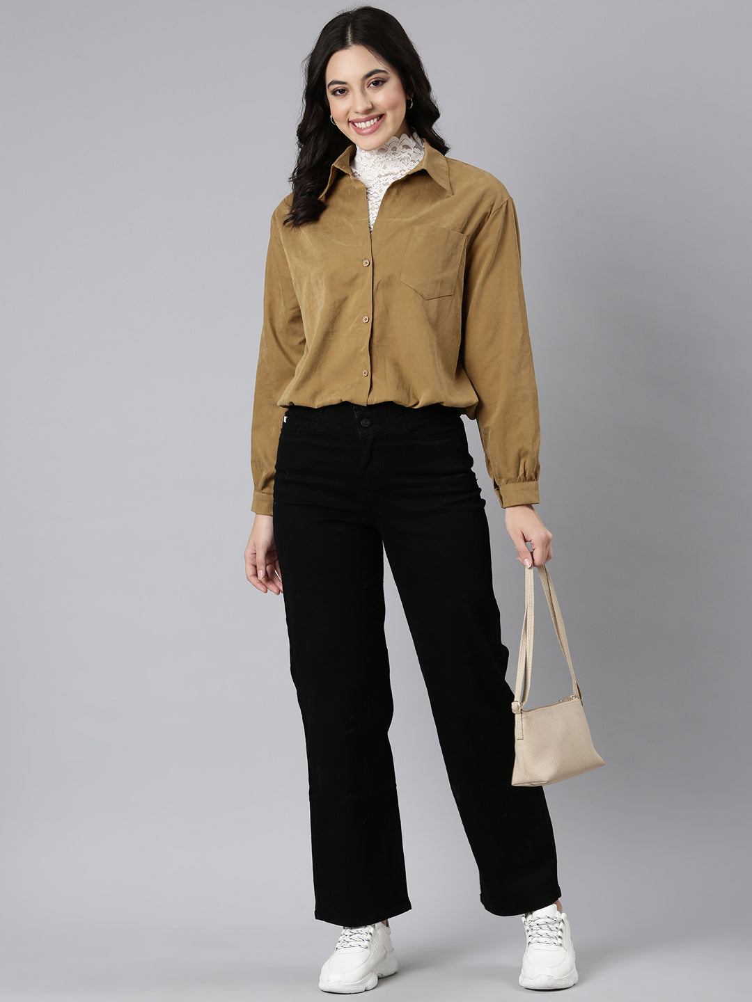 Women Solid Shirt Style Khaki Top Comes with Attached Inner Top