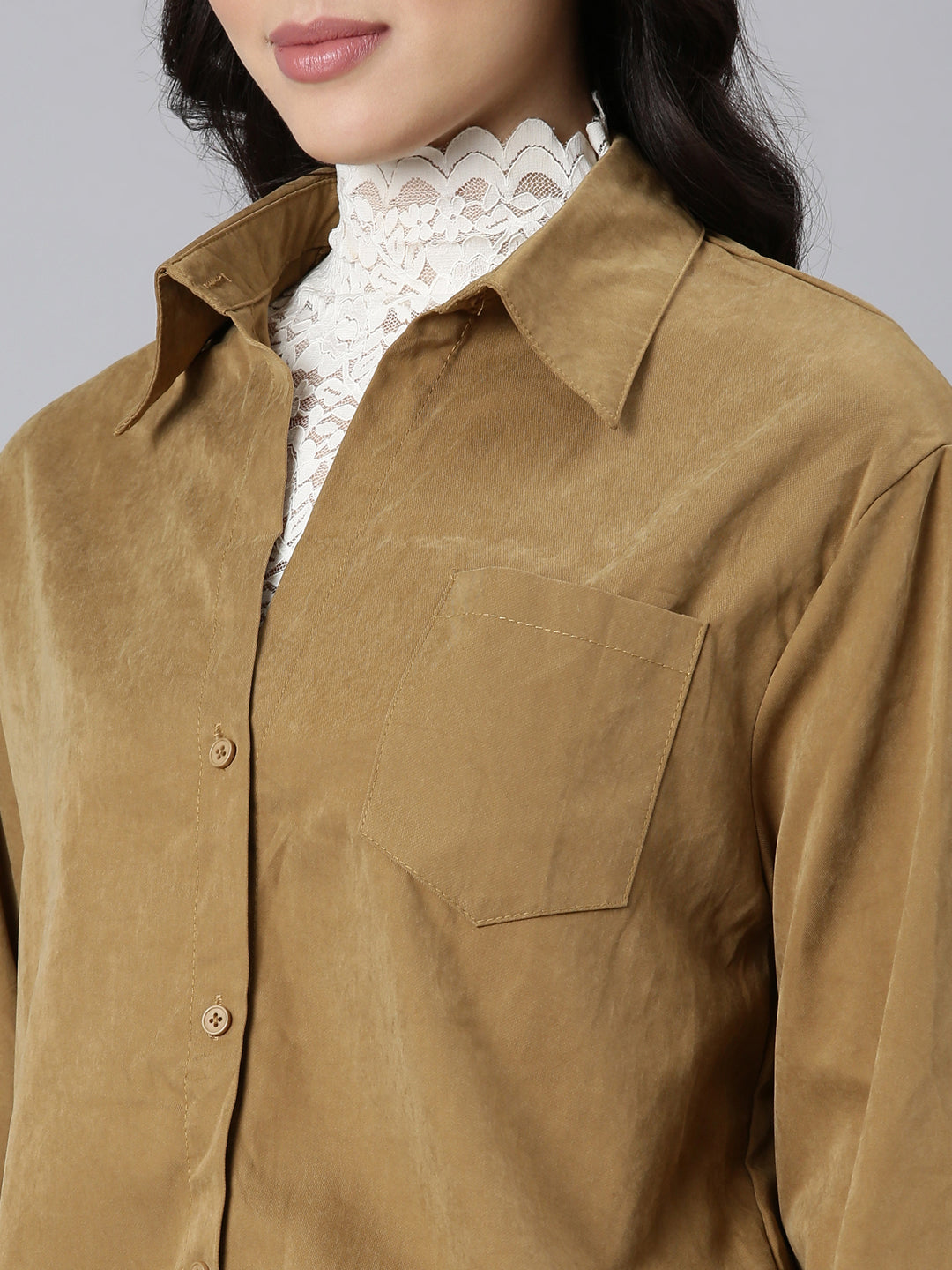 Women Solid Shirt Style Khaki Top Comes with Attached Inner Top