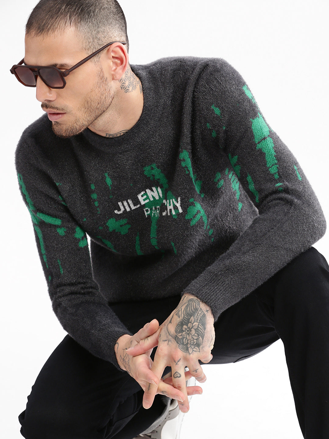 Men's Grey Round Neck Long Sleeves Typography Printed Pullover Sweater