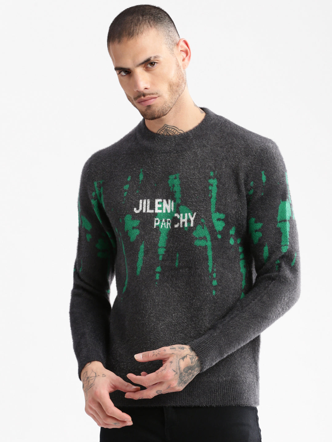 Men's Grey Round Neck Long Sleeves Typography Printed Pullover Sweater