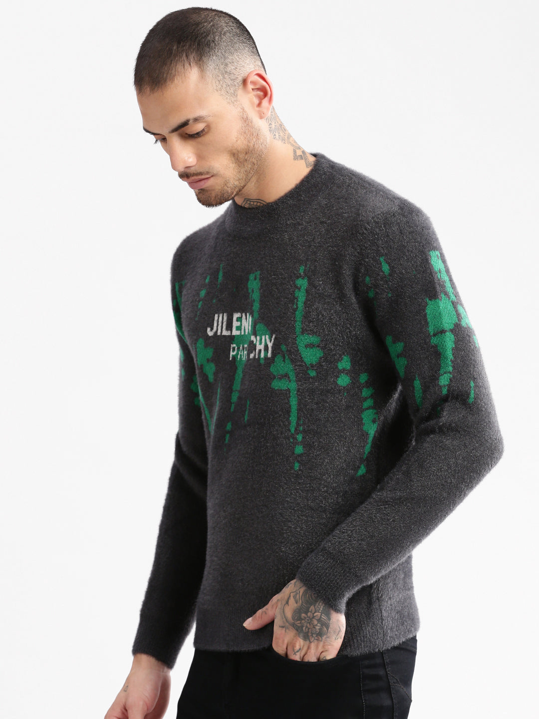 Men's Grey Round Neck Long Sleeves Typography Printed Pullover Sweater