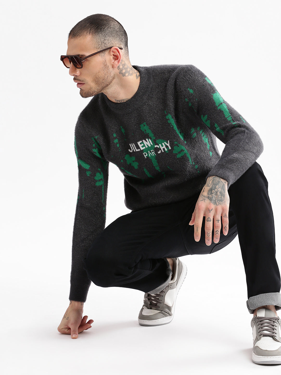 Men's Grey Round Neck Long Sleeves Typography Printed Pullover Sweater