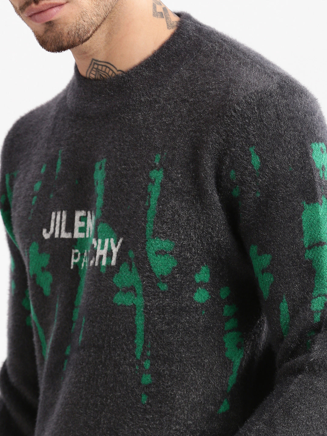 Men's Grey Round Neck Long Sleeves Typography Printed Pullover Sweater