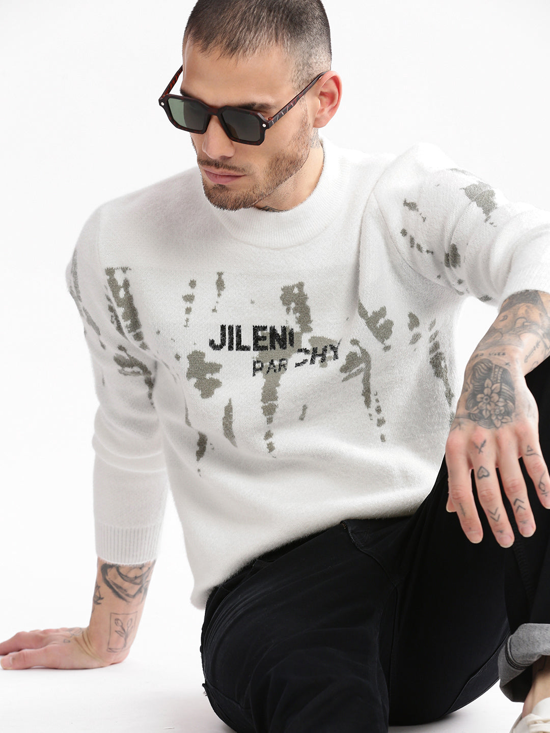 Men Round Neck Typography White Pullover