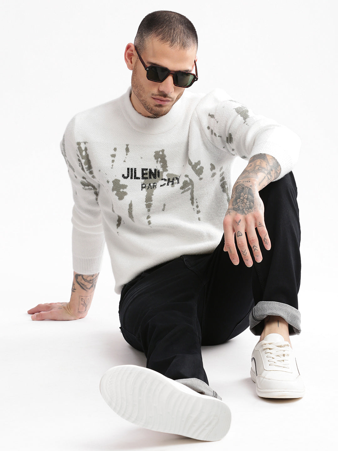 Men Round Neck Typography White Pullover