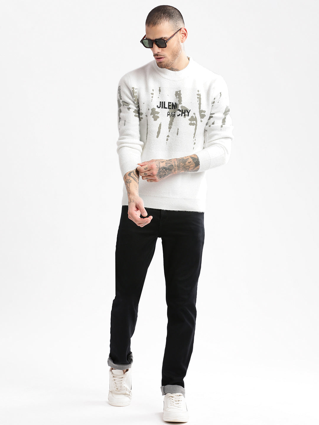 Men Round Neck Typography White Pullover