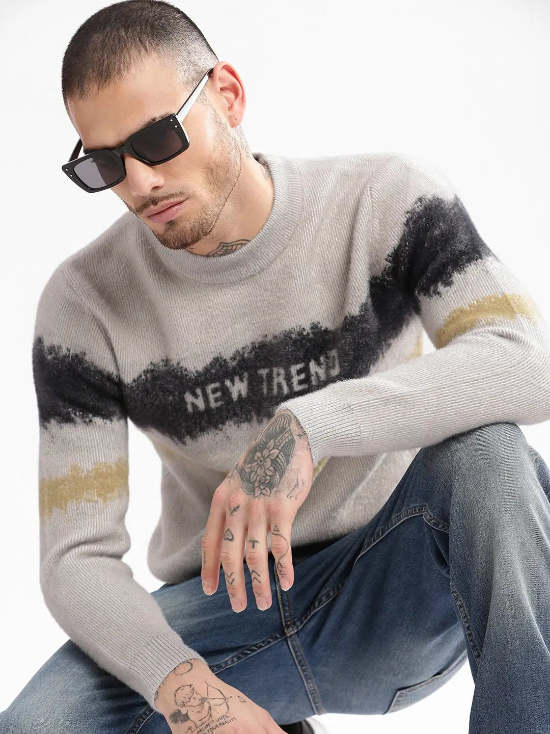 Men's Round Neck Typography Beige Pullover