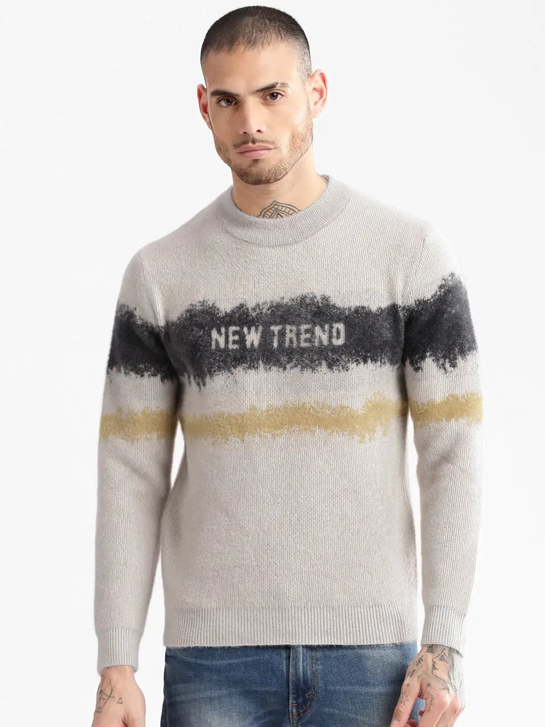 Men's Round Neck Typography Beige Pullover