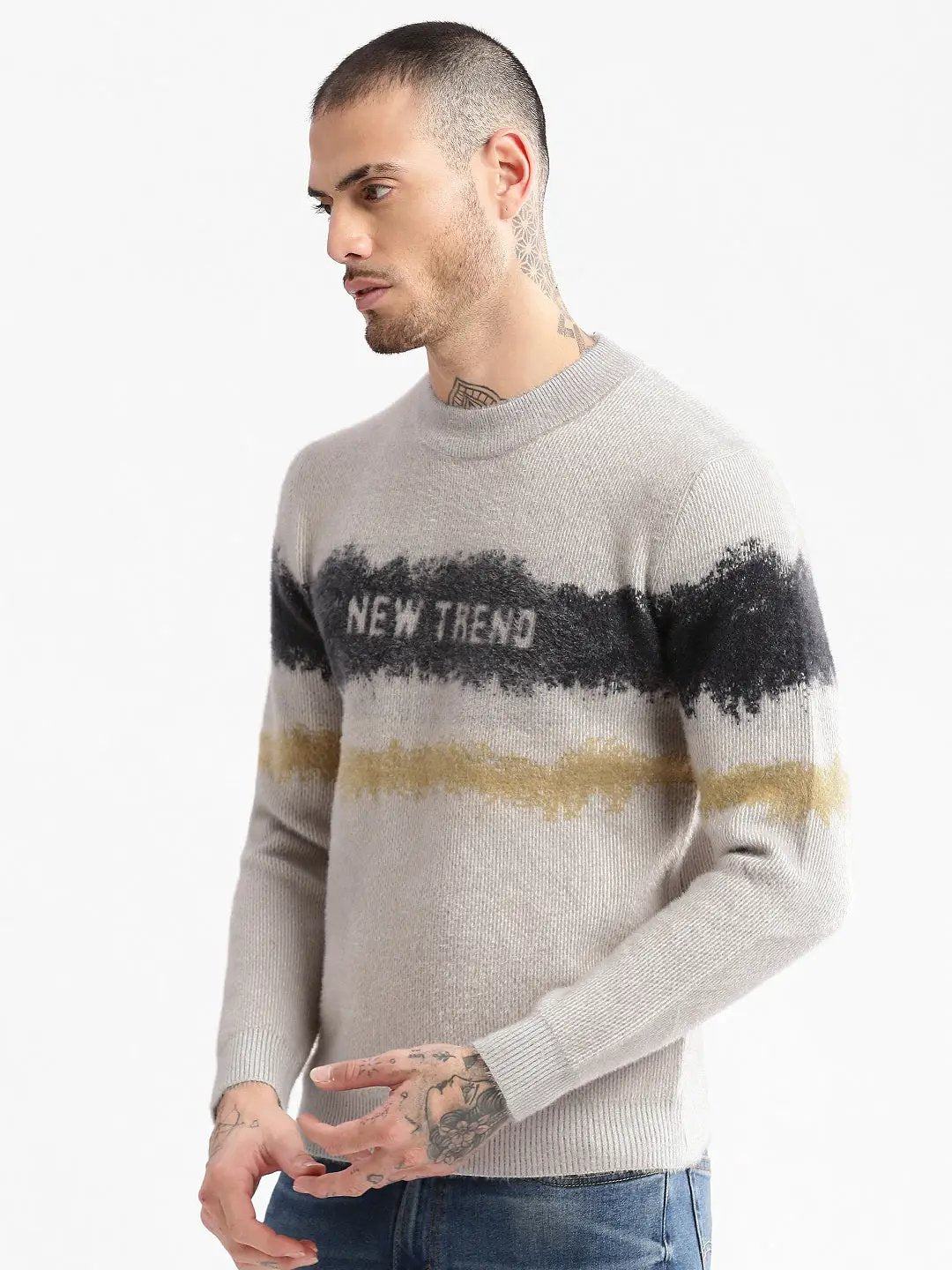 Men's Round Neck Typography Beige Pullover