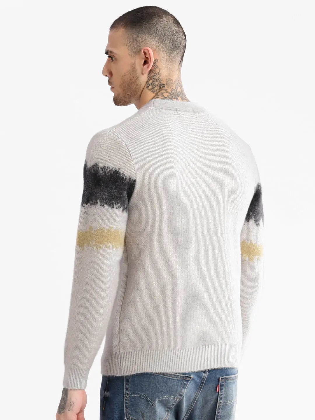 Men's Round Neck Typography Beige Pullover