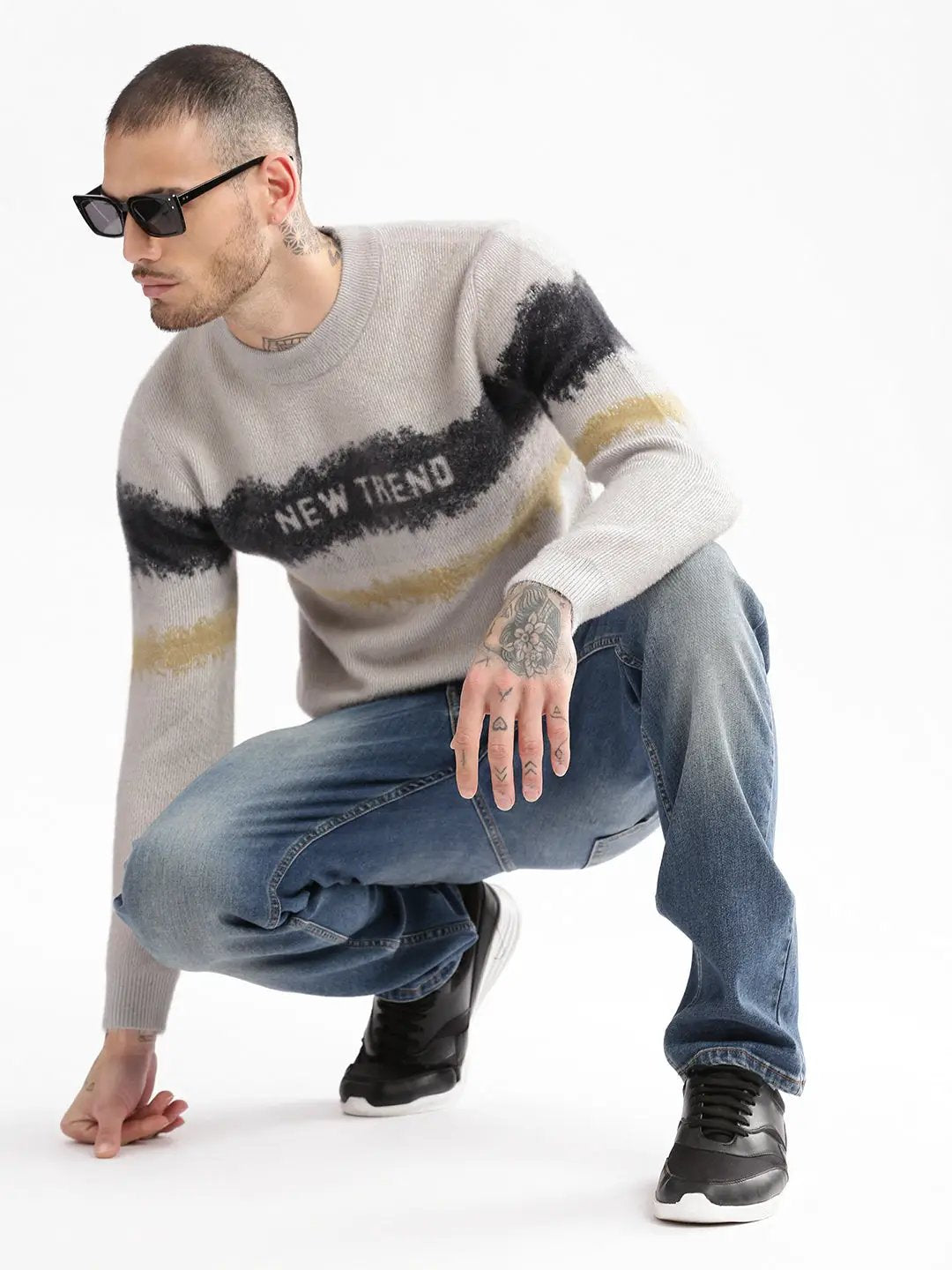 Men's Round Neck Typography Beige Pullover