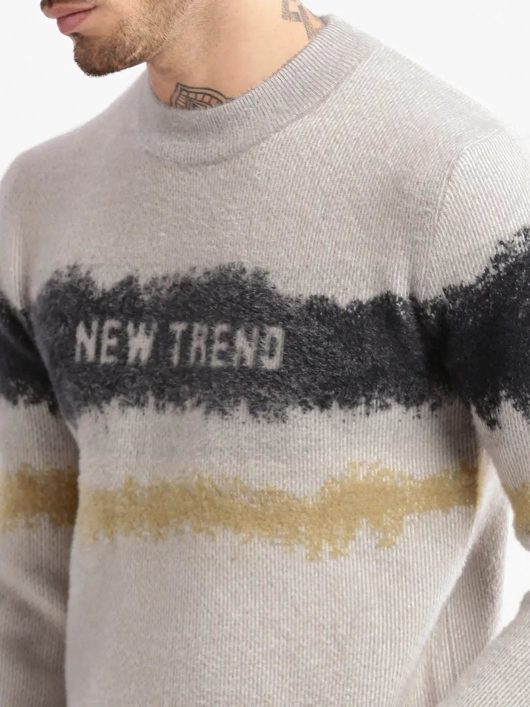 Men's Round Neck Typography Beige Pullover