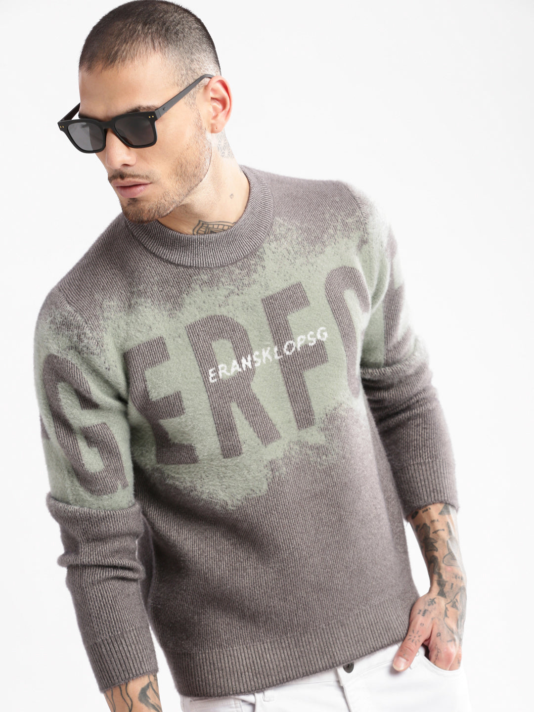 Men Round Neck Typography Sea Green Pullover