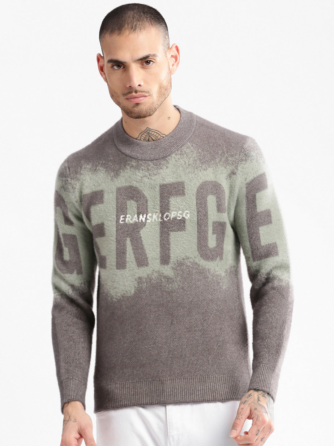 Men Round Neck Typography Sea Green Pullover