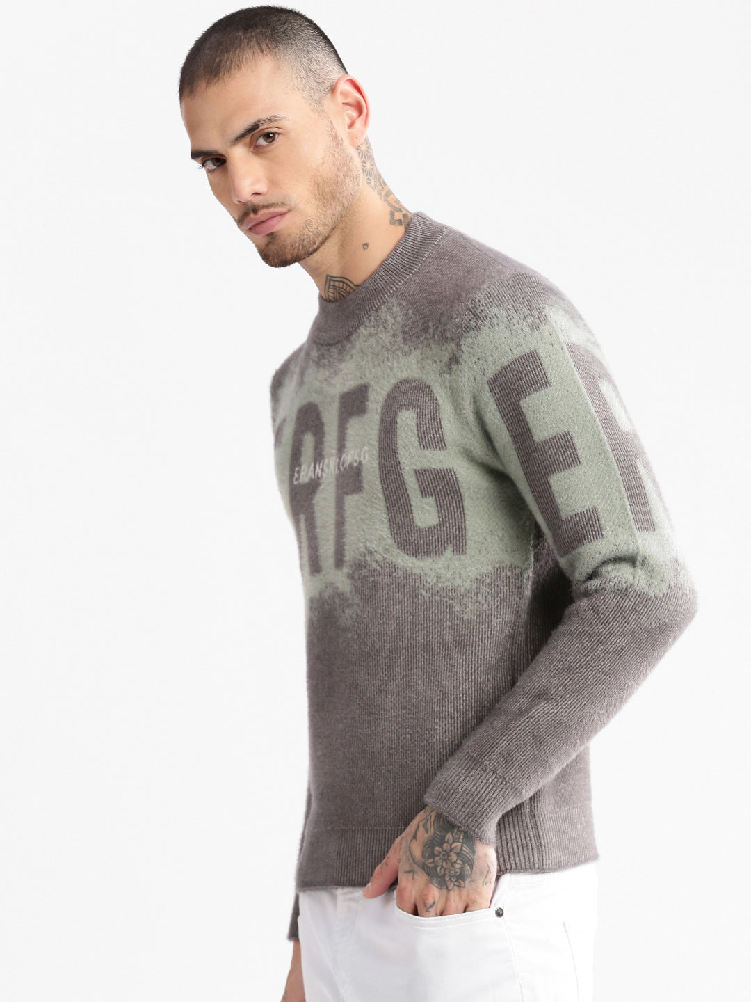 Men Round Neck Typography Sea Green Pullover