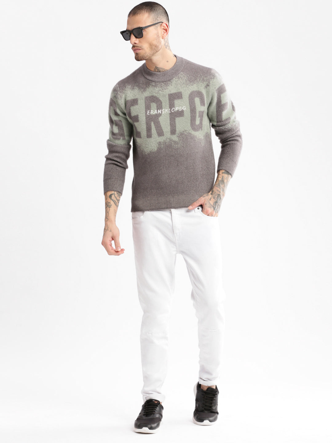 Men Round Neck Typography Sea Green Pullover