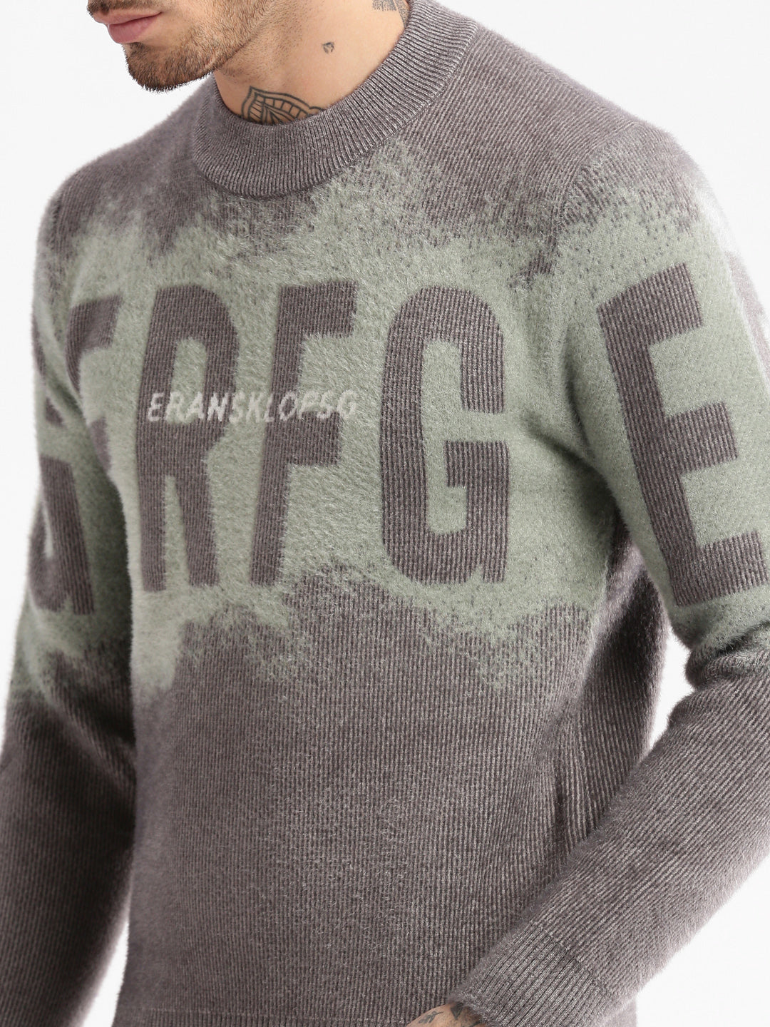 Men Round Neck Typography Sea Green Pullover