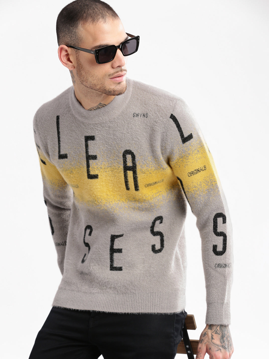 Men's Round Neck Typography Grey Pullover