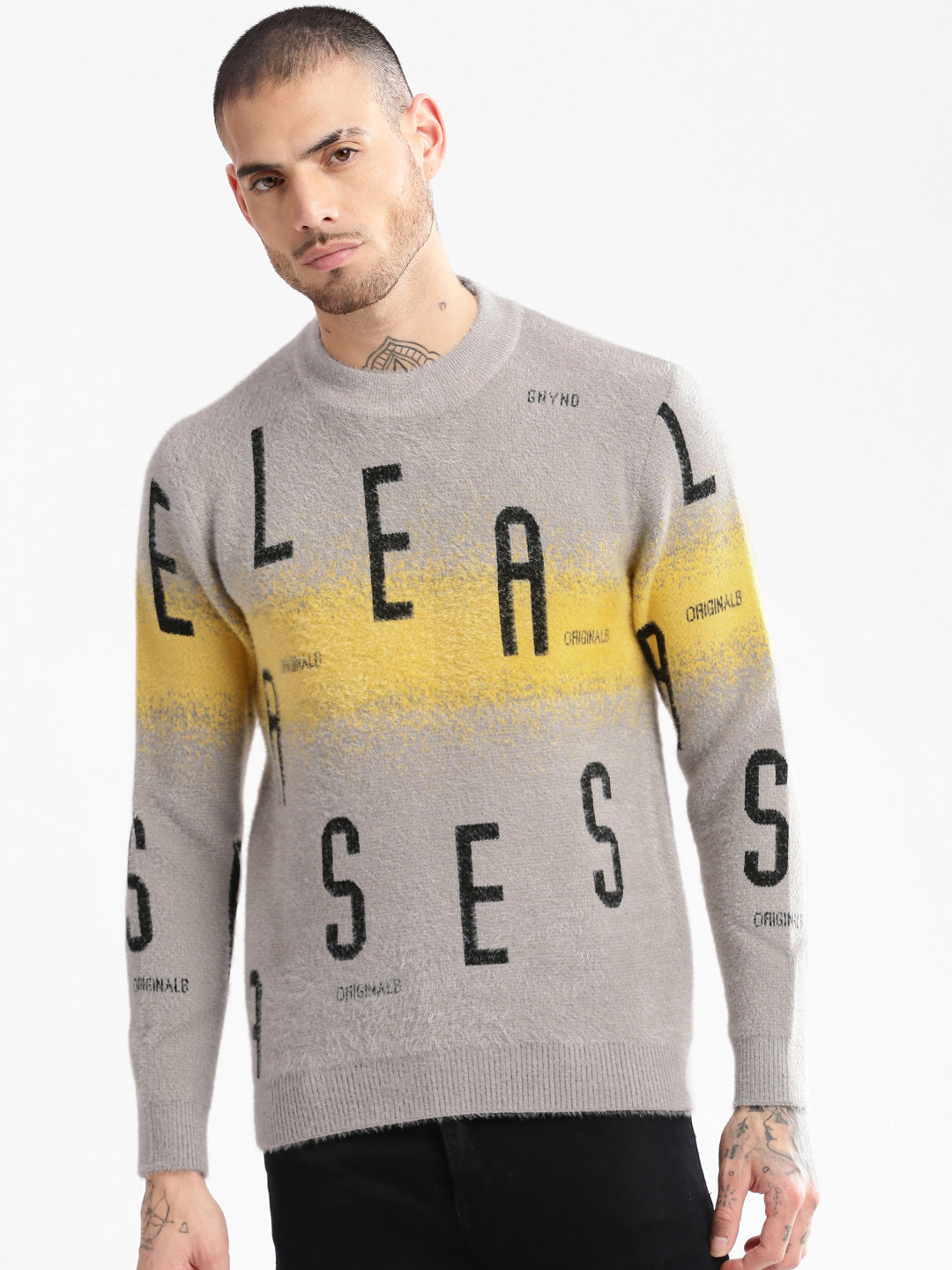 Men's Round Neck Typography Grey Pullover