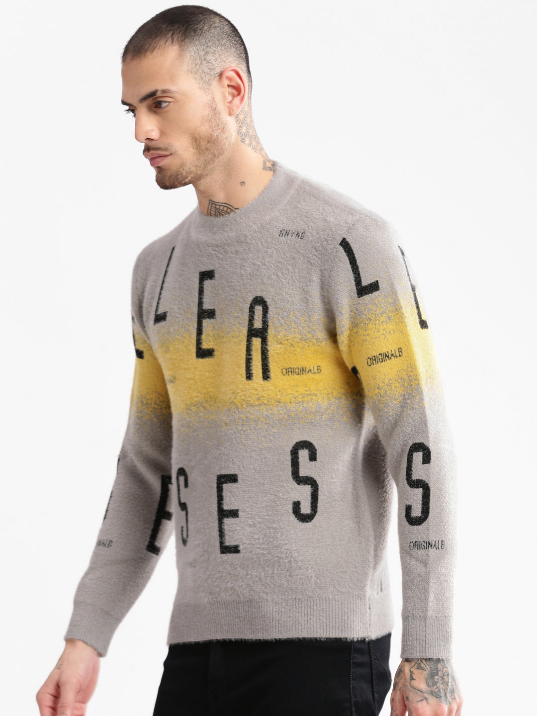 Men's Round Neck Typography Grey Pullover