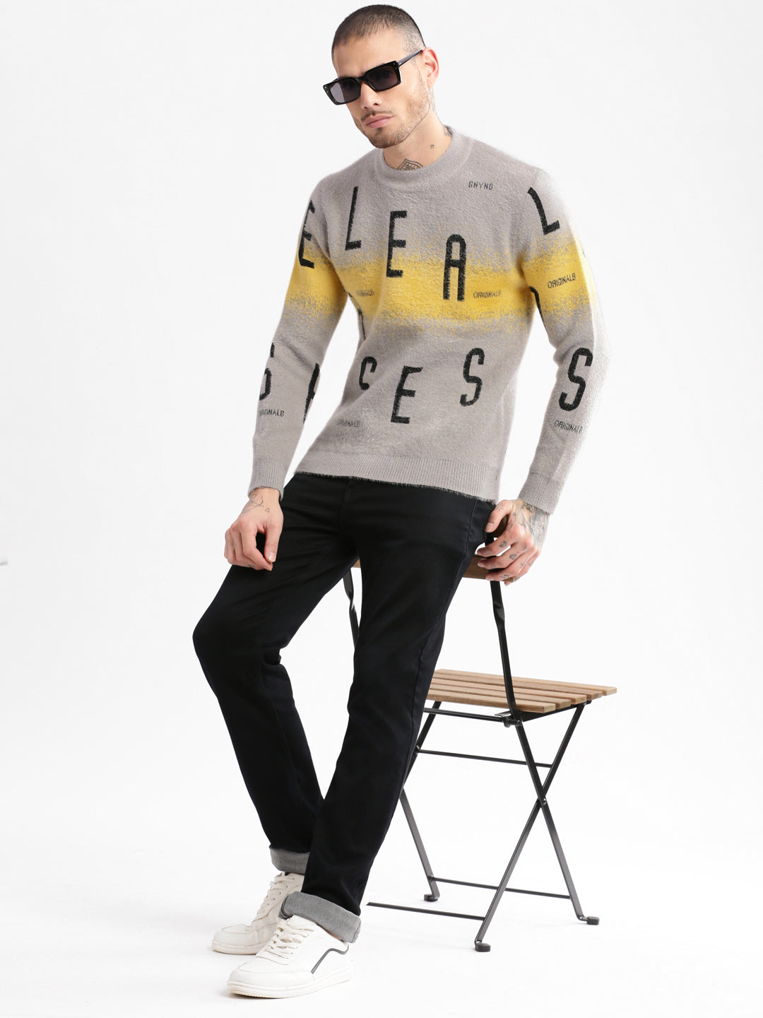 Men's Round Neck Typography Grey Pullover
