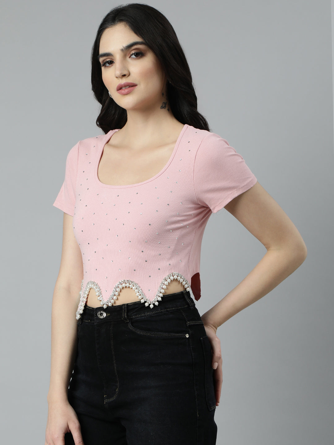 Women Solid Pink Fitted Crop Top