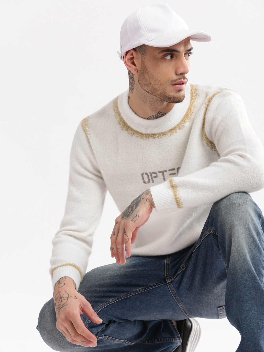 Men Round Neck Typography Cream Pullover