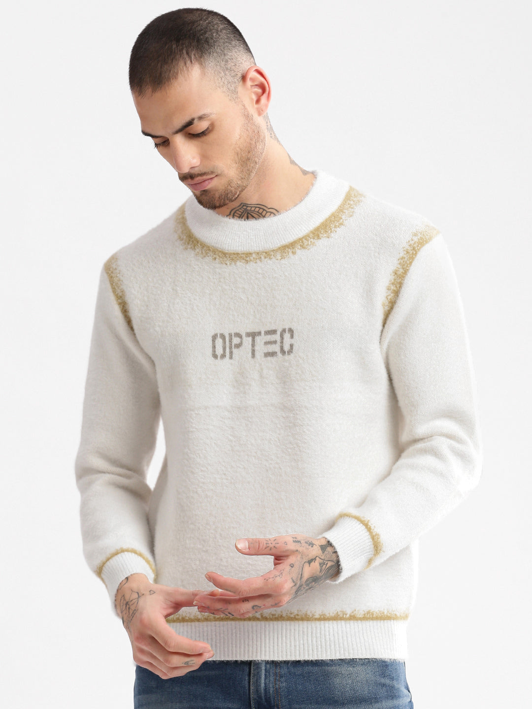 Men Round Neck Typography Cream Pullover