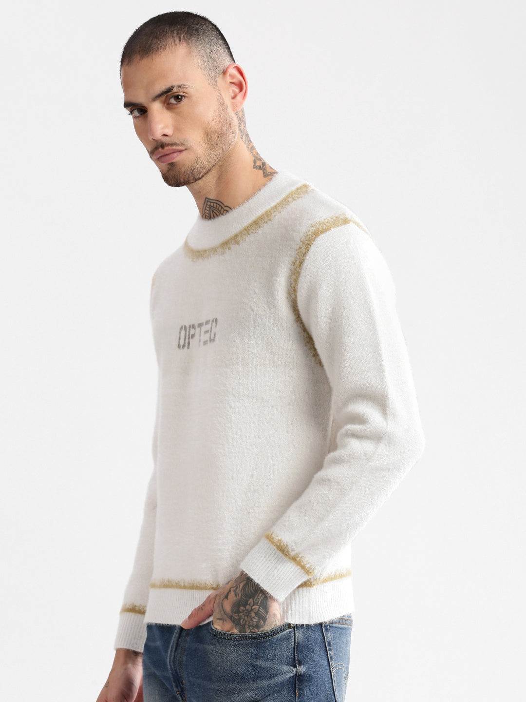 Men Round Neck Typography Cream Pullover