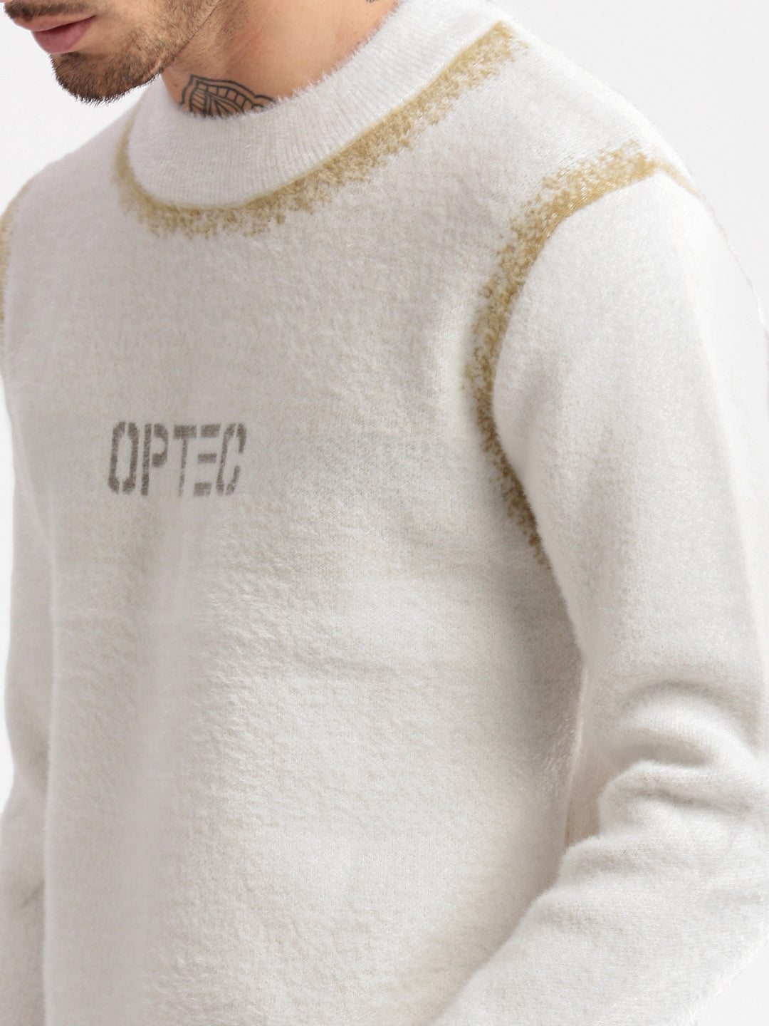 Men Round Neck Typography Cream Pullover