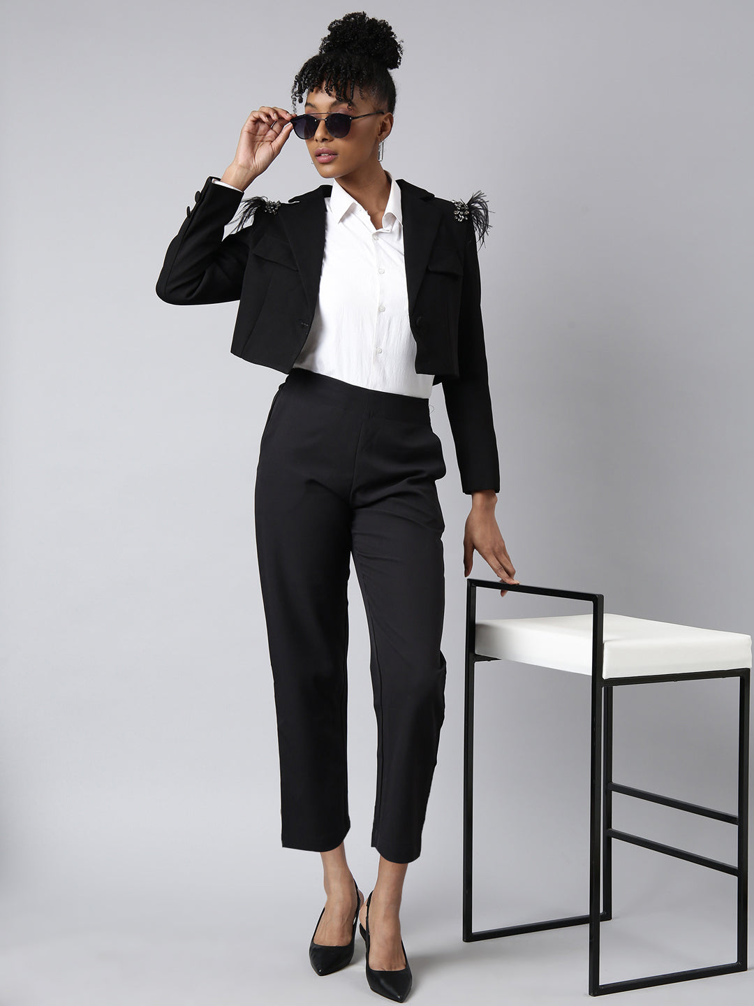 Women Black Solid Single Breasted Crop Blazer