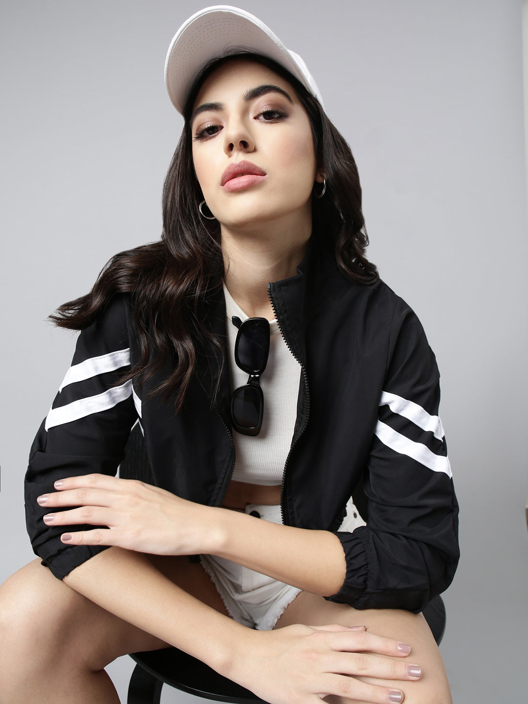 Women's Solid Black Crop Bomber Jacket