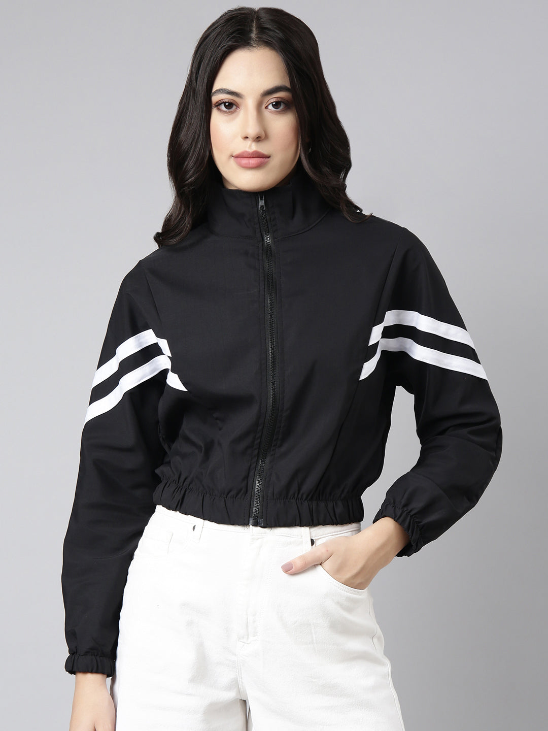 Women's Solid Black Crop Bomber Jacket