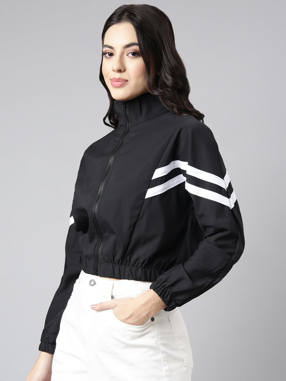 Women's Solid Black Crop Bomber Jacket