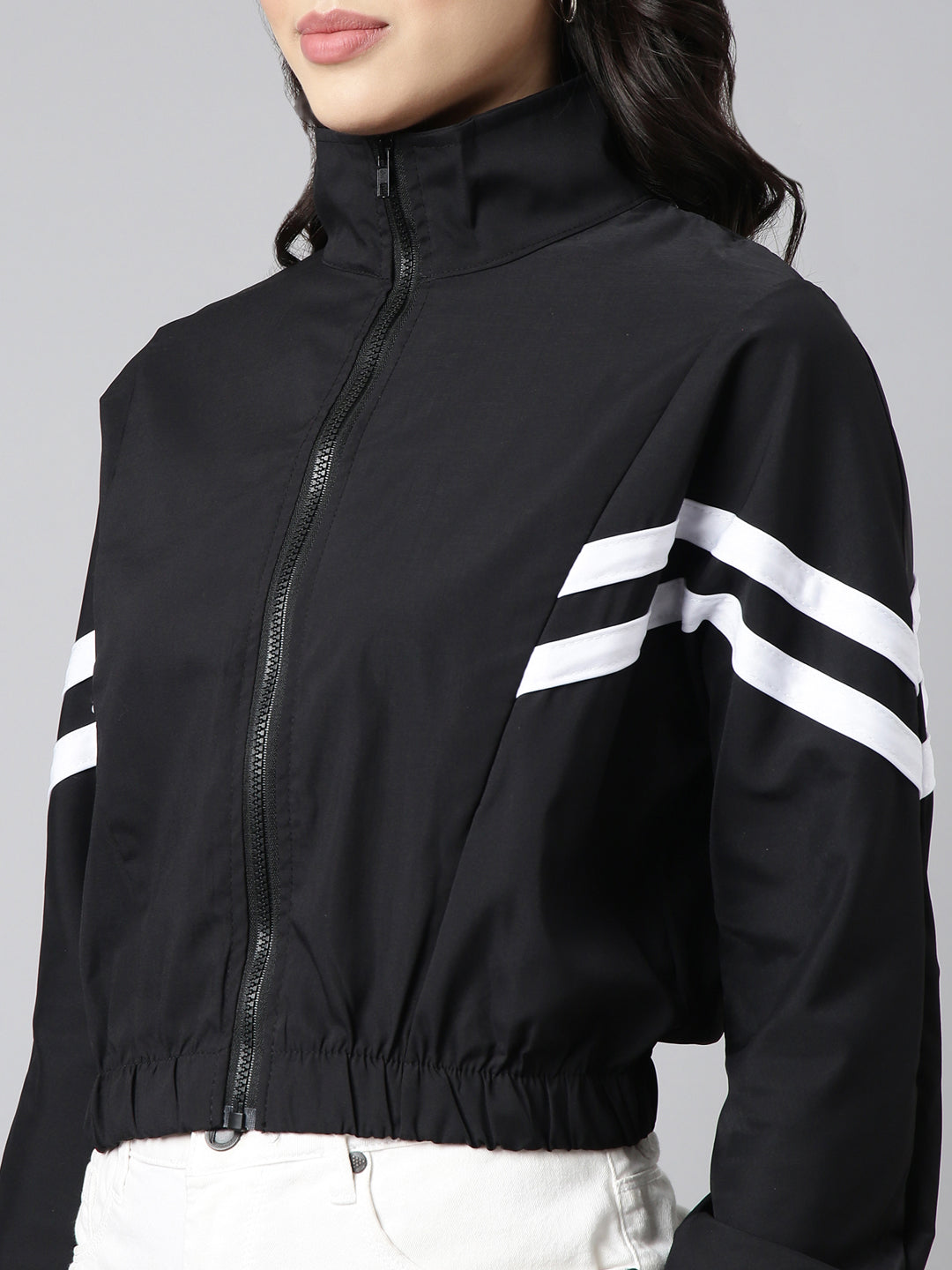 Women's Solid Black Crop Bomber Jacket