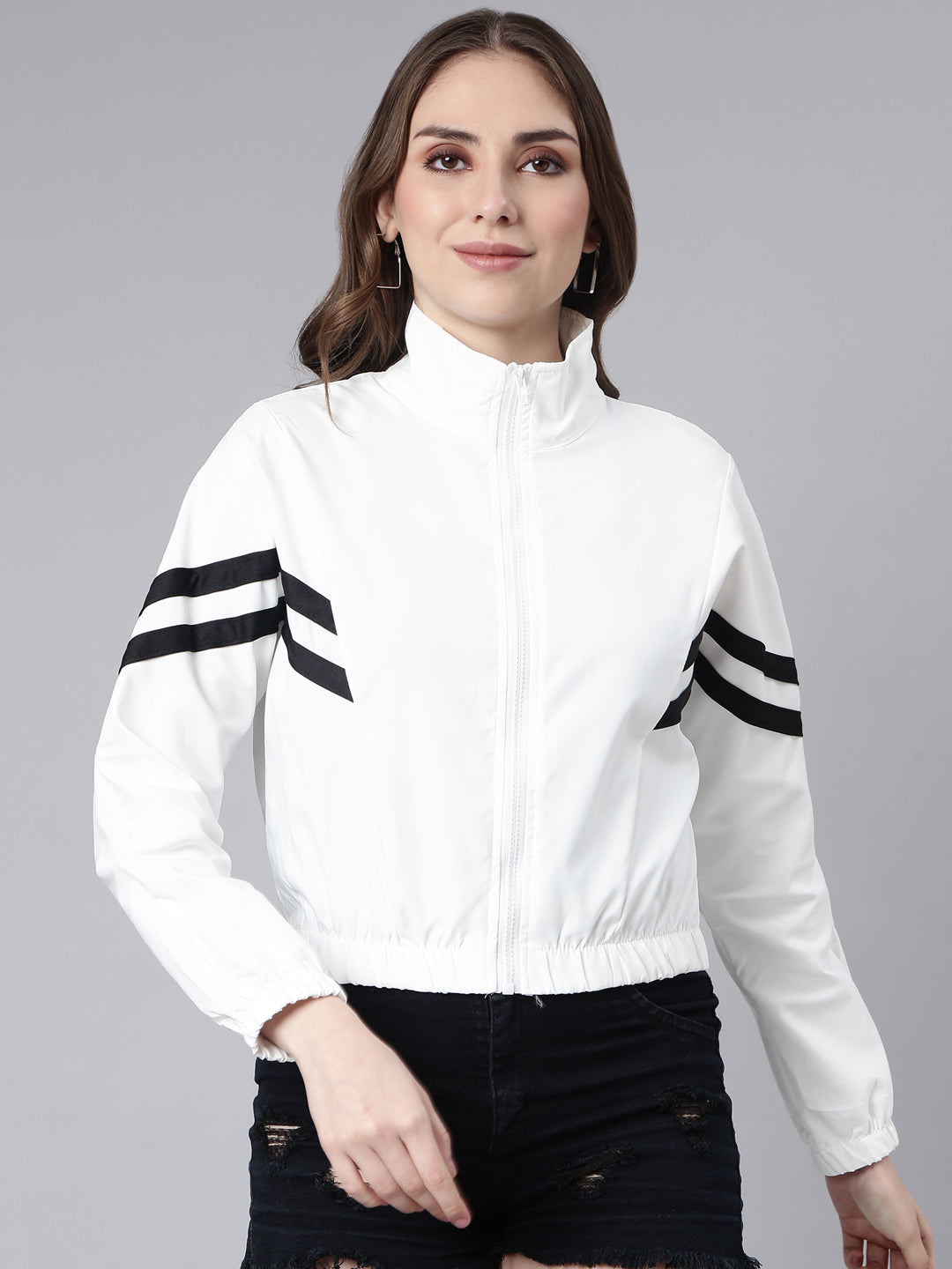 Women's Solid White Crop Bomber Jacket