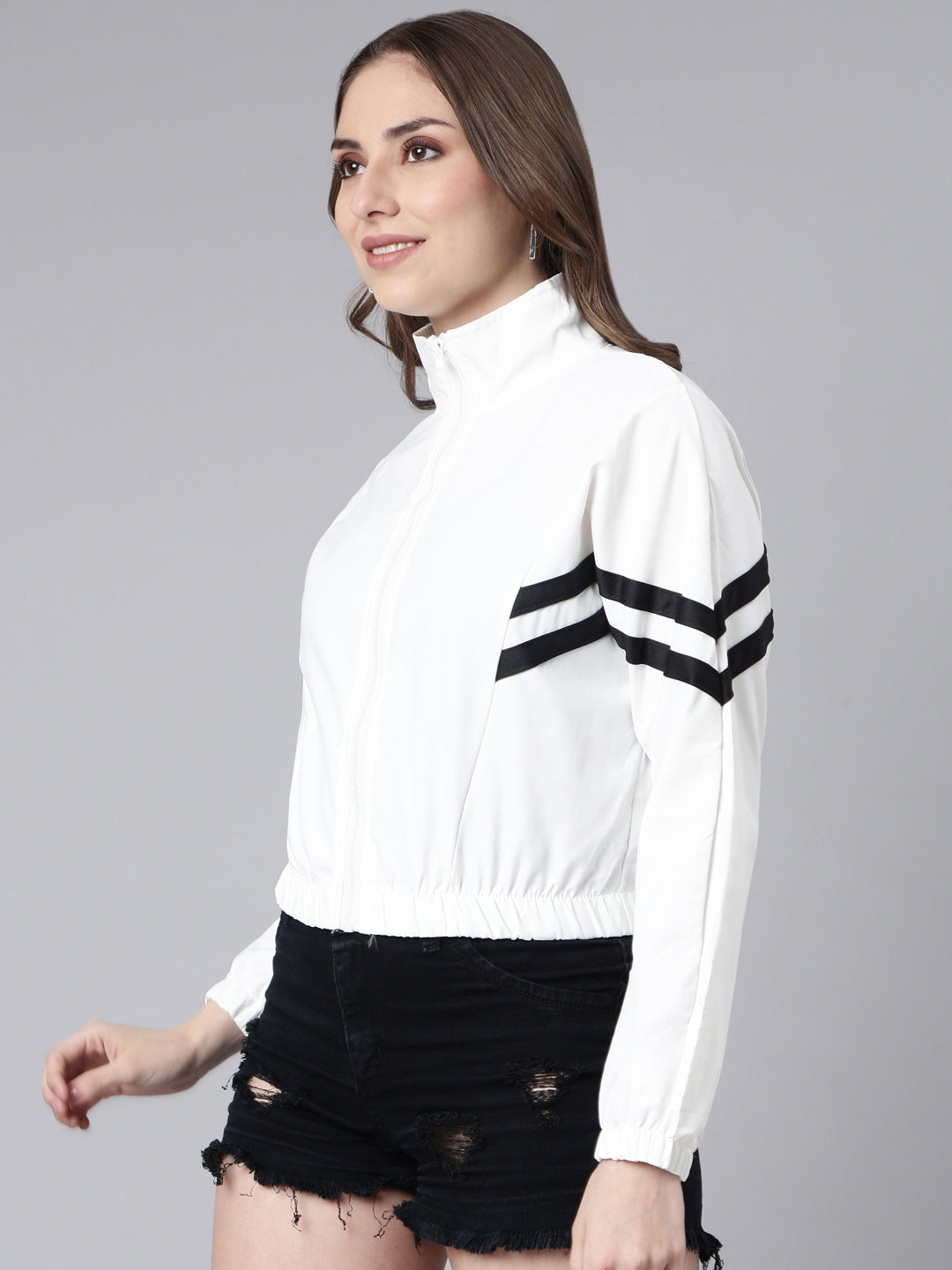 Women's Solid White Crop Bomber Jacket