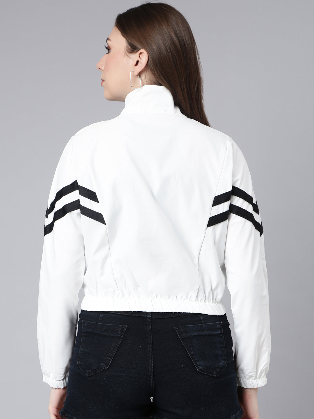 Women's Solid White Crop Bomber Jacket