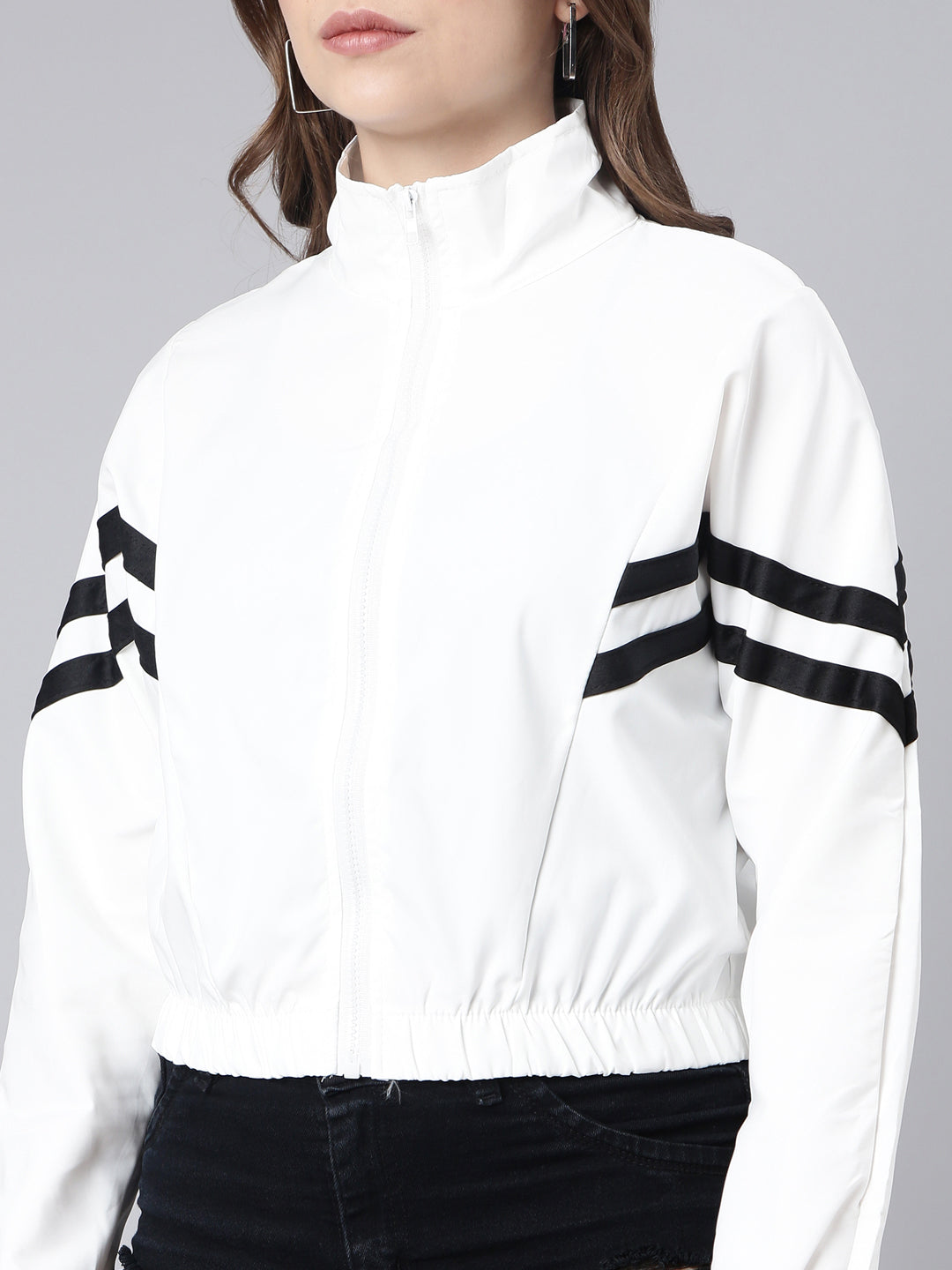 Women's Solid White Crop Bomber Jacket