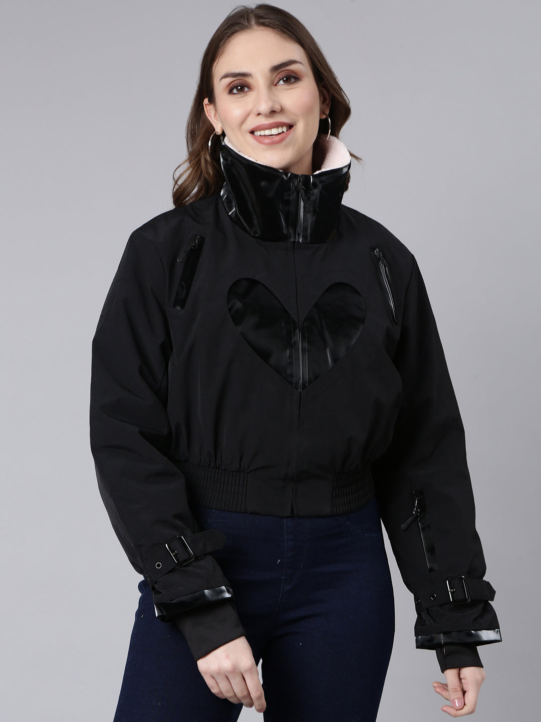 Women Solid Black Crop Puffer Jacket