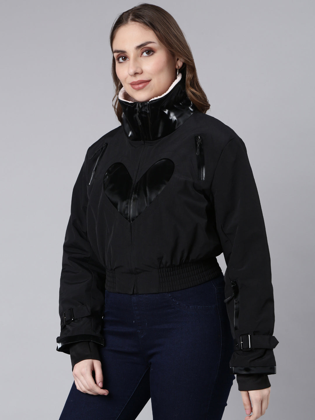 Women Solid Black Crop Puffer Jacket