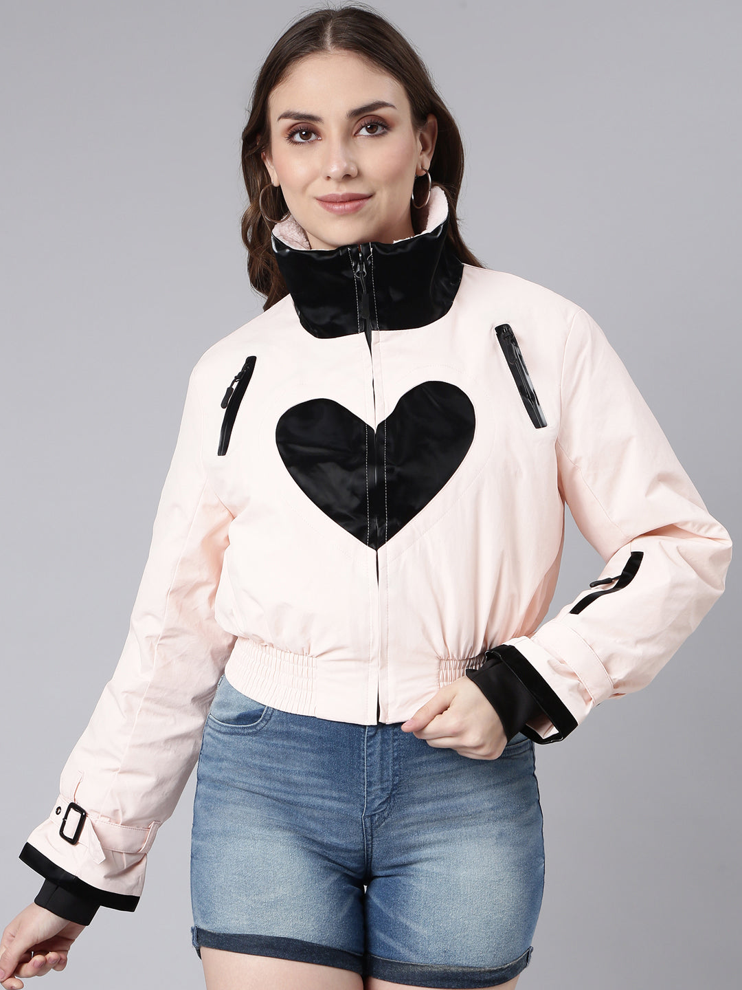 Women Solid Peach Crop Puffer Jacket