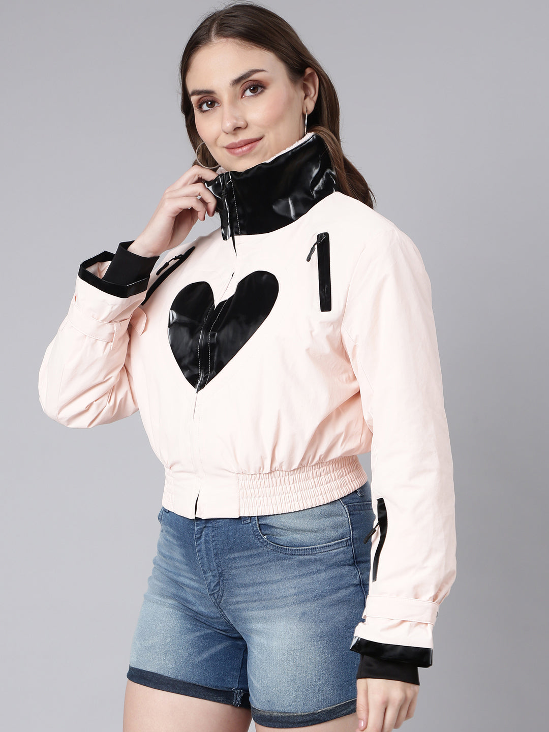 Women Solid Peach Crop Puffer Jacket