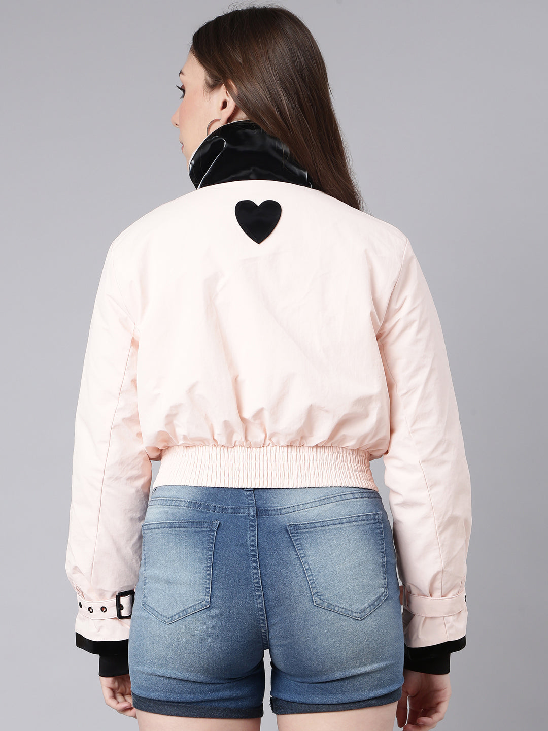 Women Solid Peach Crop Puffer Jacket